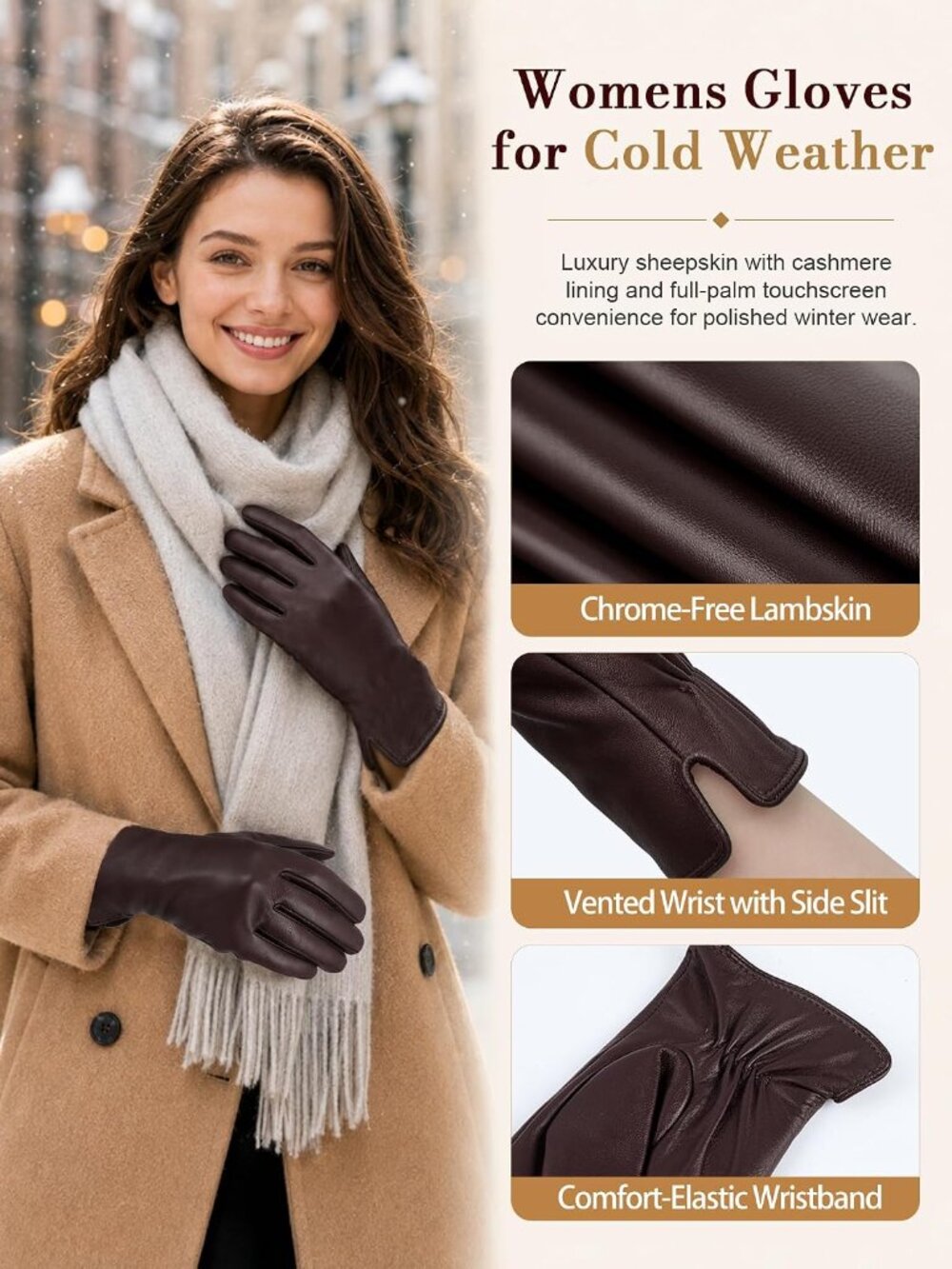 Women's Brown Touchscreen Winter Wool Cashmere Lined Sheepskin Leather Gloves - Picture 6 of 6